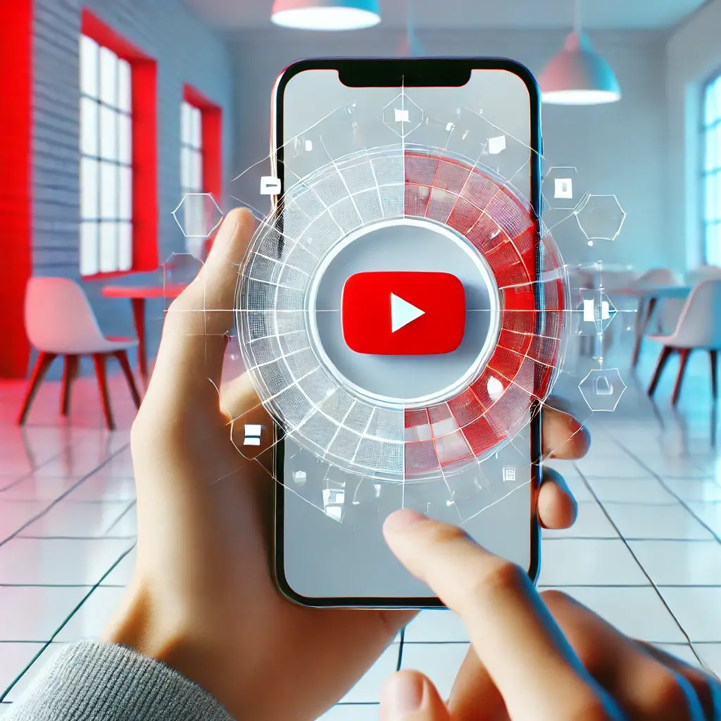 A modern and sleek image showing a person holding a smartphone with the YouTube app prominently displayed on the screen. The setting is bright and min