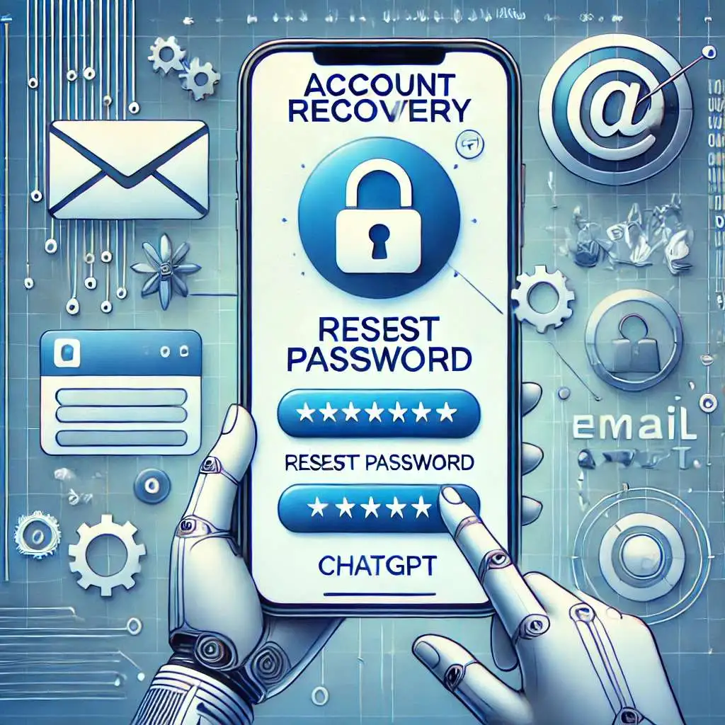 A conceptual illustration of account recovery for ChatGPT. It features a digital interface with a reset password screen and icons representing email,