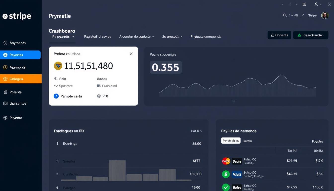 Interface do dashboard do Stripe mostrando estatísticas de pagamento e opções de integração