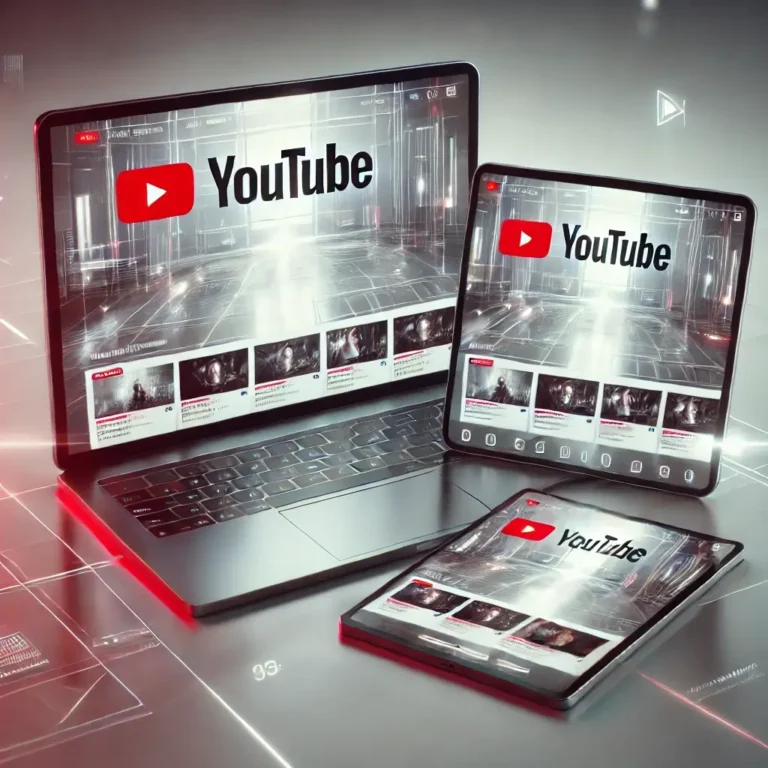 A futuristic image of a laptop and a tablet side by side, both displaying the YouTube homepage. The background is clean and modern with a slight tech