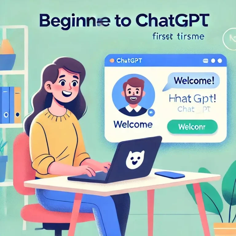An illustration of a beginner using ChatGPT for the first time. The person is seated at a laptop, smiling, with a welcoming interface of ChatGPT