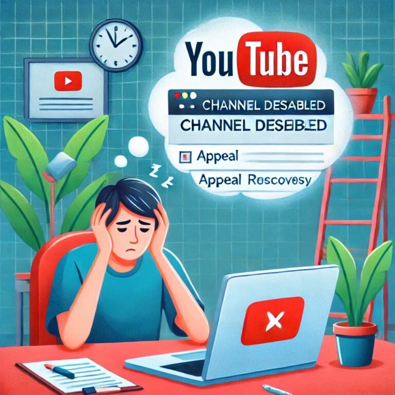 An illustration showing a frustrated YouTube creator sitting at a desk with a laptop displaying a 'Channel Disabled' error on the screen. Behind them