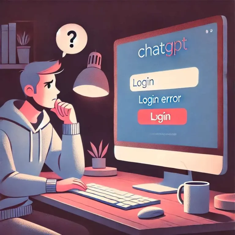 An illustration of a person sitting at a computer, looking worried and confused while trying to log in to their ChatGPT account. The screen shows a lo