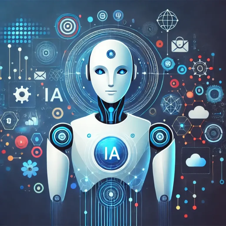 Uma representação visual abstrata de inteligência artificial gratuita, com um robô amigável e minimalista segurando ícones de aplicativos de IA, em um