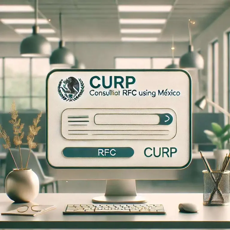 A professional and clean illustration of a computer screen displaying the official SAT website of Mexico, with fields to input CURP details (convert.io)
