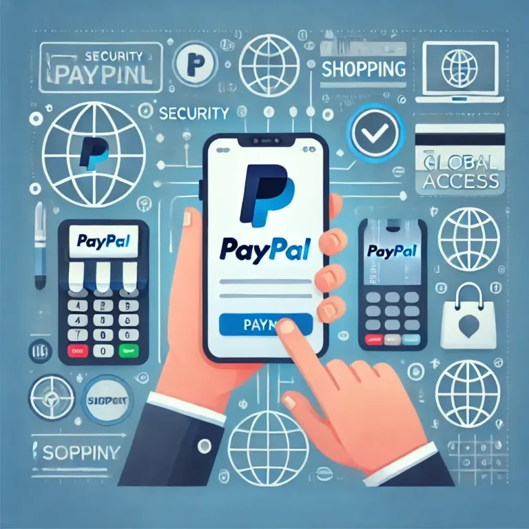An image representing the concept of paying with PayPal. The illustration shows a secure and convenient online transaction scene with a smartphone