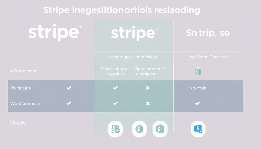 Comparação visual entre diferentes métodos de integração do Stripe: plugins, API e ferramentas no-code Comparação visual entre diferentes métodos de integração do Stripe: plugins, API e ferramentas no-code
