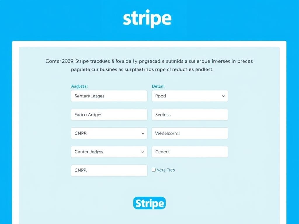 Formulário de registro do Stripe com campos para informações empresariais e documentação necessária Formulário de registro do Stripe com campos para informações empresariais e documentação necessária