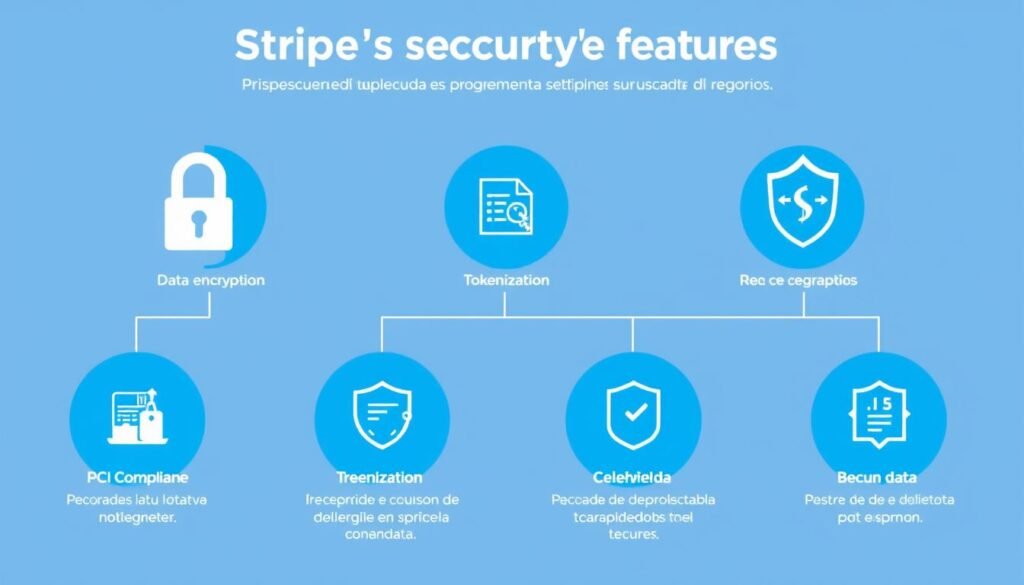 Ilustração mostrando os elementos de segurança do Stripe, incluindo criptografia, tokenização e conformidade PCI Ilustração mostrando os elementos de segurança do Stripe, incluindo criptografia, tokenização e conformidade PCI