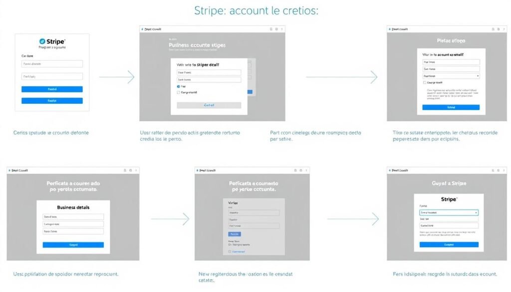 Sequência de telas do processo de criação de conta no Stripe com destaque para os campos principais Sequência de telas do processo de criação de conta no Stripe com destaque para os campos principais