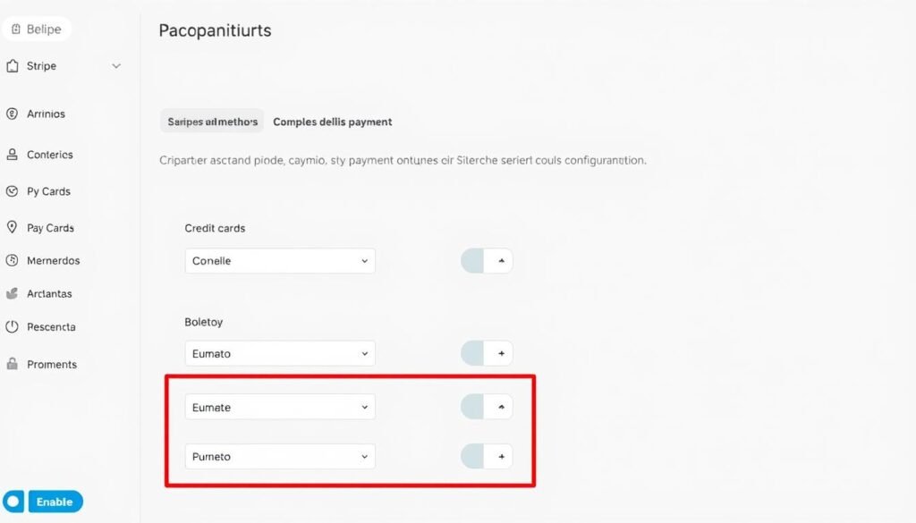 Tela de configuração de métodos de pagamento no Stripe com opções para cartão de crédito, Pix e boleto Tela de configuração de métodos de pagamento no Stripe com opções para cartão de crédito, Pix e boleto
