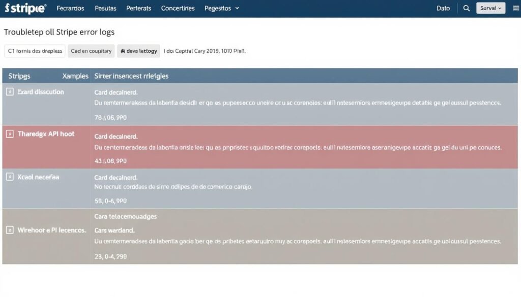 Tela de logs de erro do Stripe com exemplos de mensagens de erro comuns e suas soluções Tela de logs de erro do Stripe com exemplos de mensagens de erro comuns e suas soluções