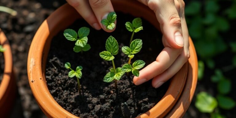 Mãos plantando em vaso com terra e mudas.