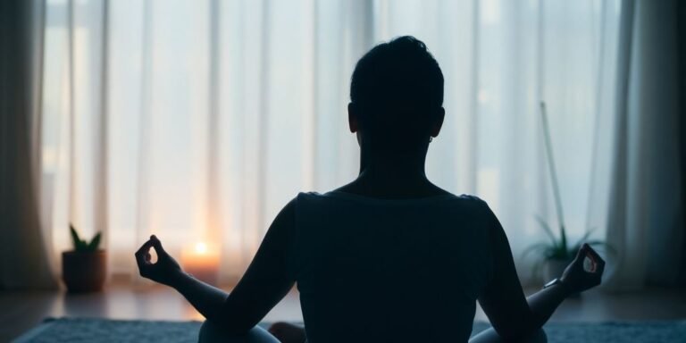Pessoa meditando em ambiente sereno com luz suave.
