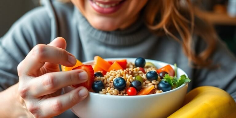 Pessoa saboreando uma refeição colorida e nutritiva.