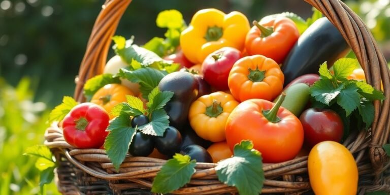 Cesta cheia de frutas e vegetais orgânicos vibrantes.